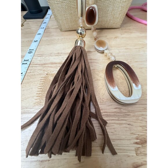 Chicos Long Beaded Necklace W/ Leather Tassel & Gradient Brown Accents - Picture 6 of 16